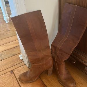 Frye Boots 10M Villager pull-on knee high stack heel leather, copper/chestnut